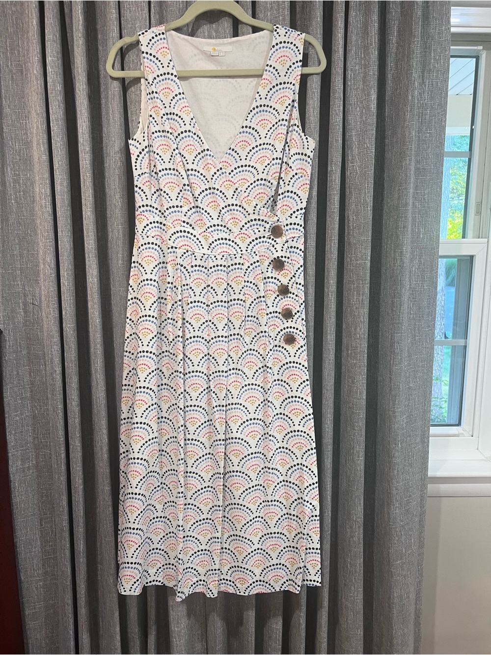 Boden Arwen Midi Dress Size 8L Cotton Linen Blend Rainbow Dot Print Wrap Style - Picture 3 of 6